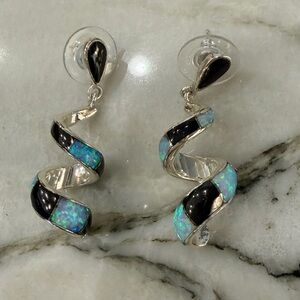 Elegant Sterling Silver with Opal and Black Lapis Swirl Earrings